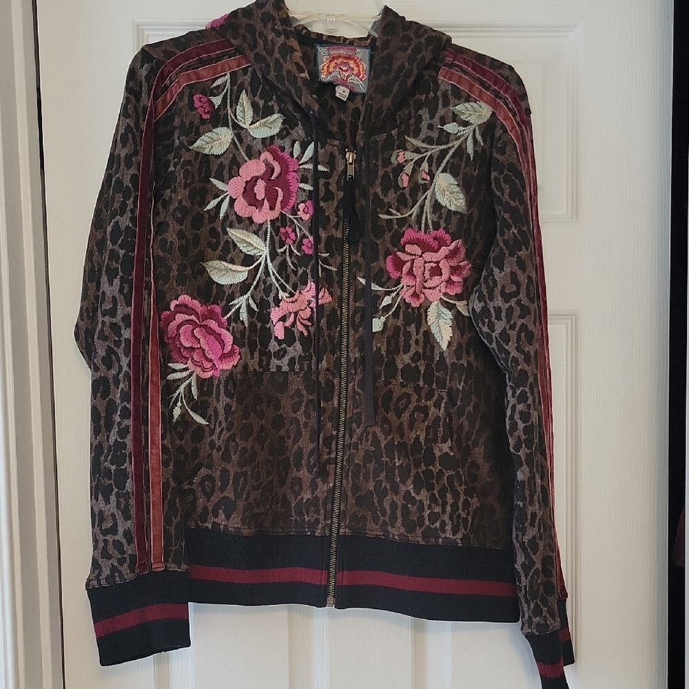 Johnny Was Brown Leopard Bomber Jacket with Pink Floral Embroidery